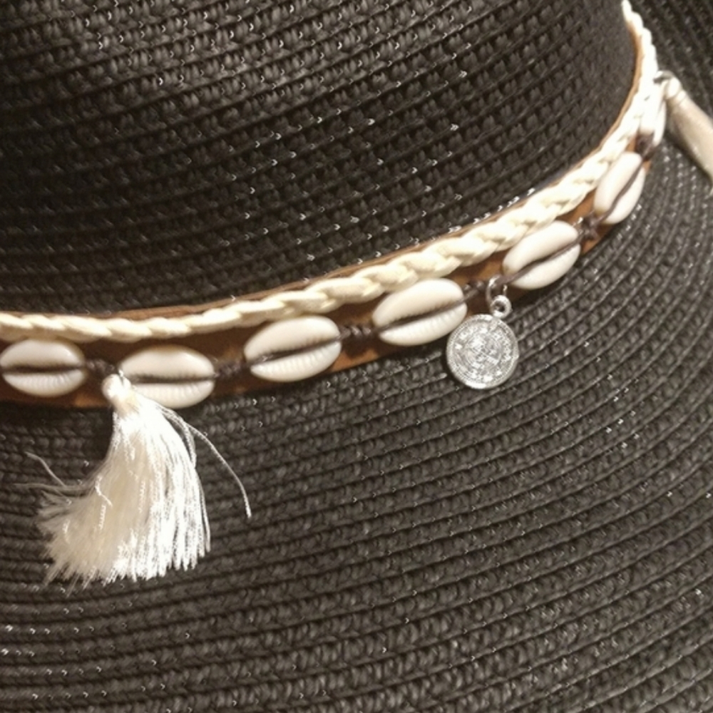 Unisex Straw Weave Western Beach Sun Hat Cowrie Cowry Shells Tassels Black Boho - Picture 9 of 14